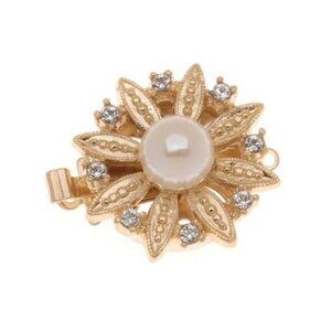 Gold Plated 1-Strand Box Clasp - Ornate Flower With Crystals And Pearl- 19mm Ele